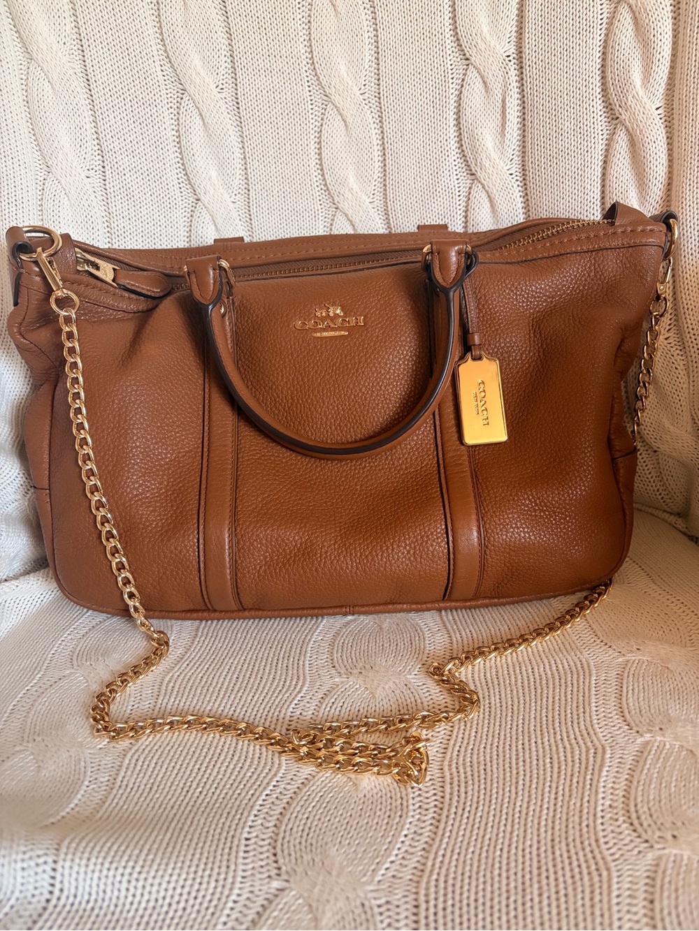 Coach Central Satchel Brown Pebbled Leather with Gold Chain Strap